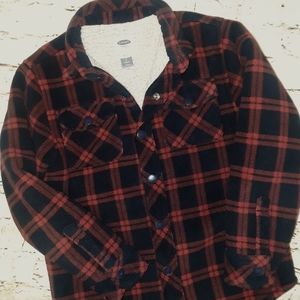 BOYS SZ M OLD NAVY COAT FLEECE PLAID BLACK AND RED LINED